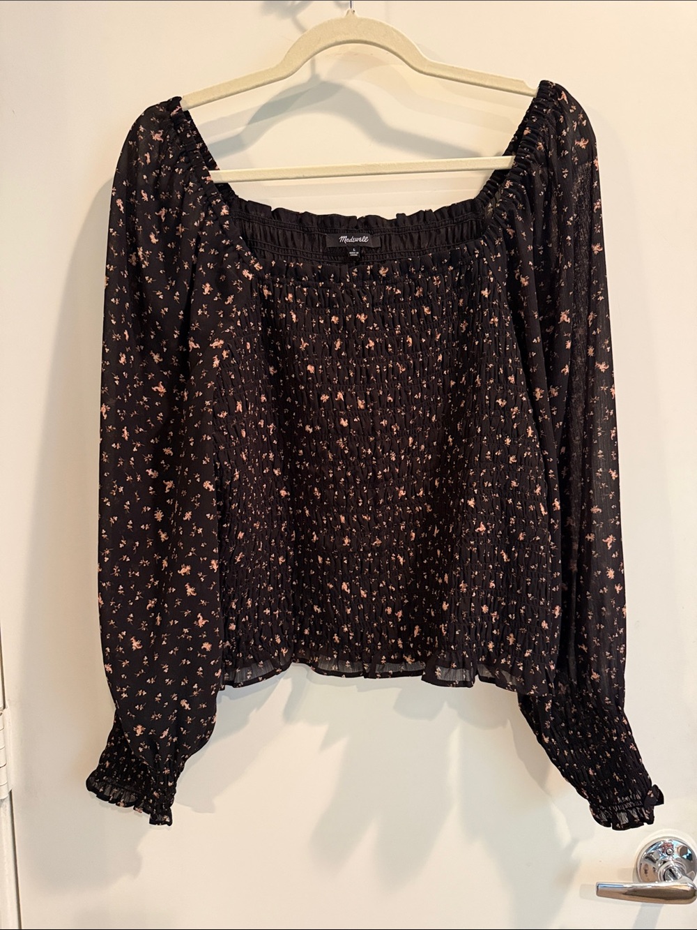 Madewell Black Floral Smocked Peasant Blouse with Pink Accents